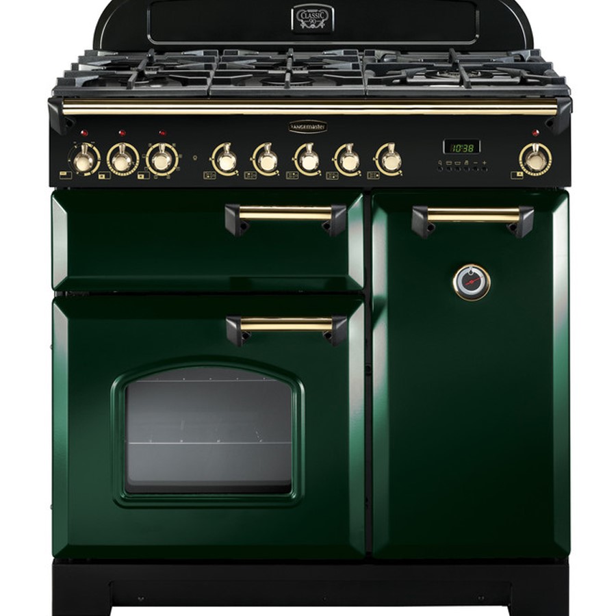 product image RangeM Class Deluxe 90cm DualFuel Racing Green with Brass trim 
H 90.5/93.0cm x W 90.0cm x D 67.0cm