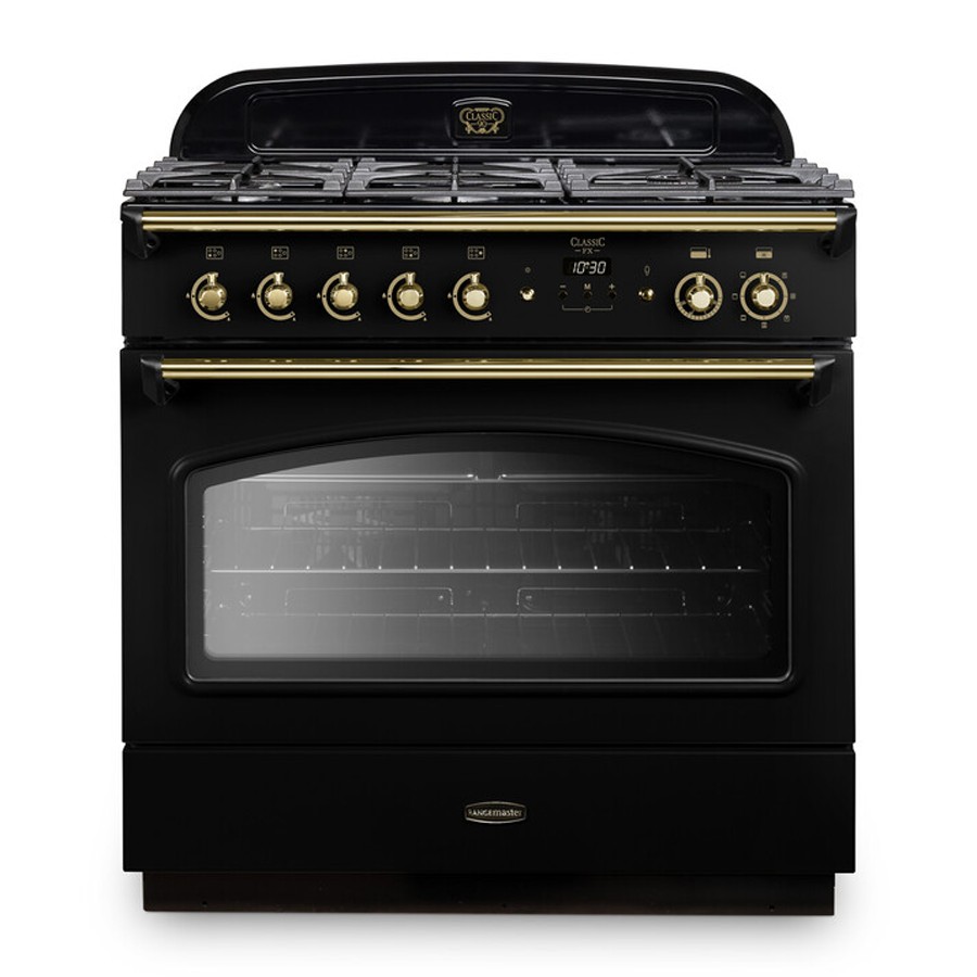 product image RangeM Class FX 90 cm Dual Fuel Black Brass trim 
H 93.0cm x W 90.0cm x D 66.9cm