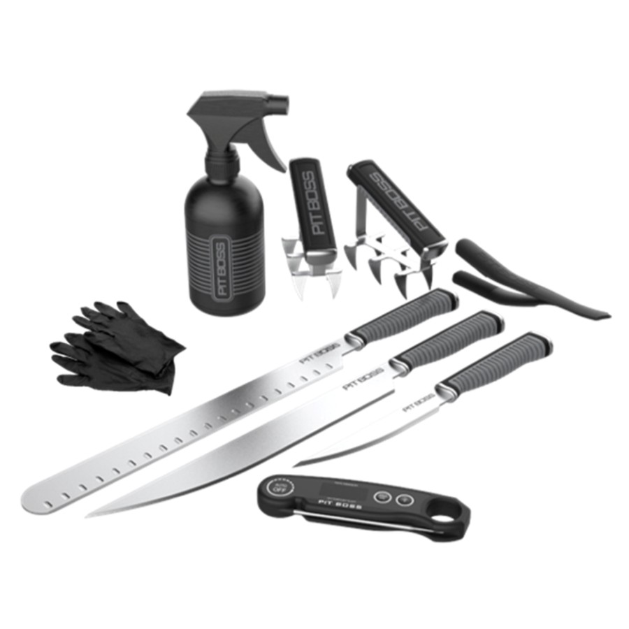 product image Pit Boss BBQ Pit Kit (incl.: x2 Meat Shredders, Rib Membrane Remover, Instant Read Thermometer, 10pk Disposable Nitrile gloves, Spritz / Injector Bottle, Brisket Knife with Sheath, Trimming Knife with Sheath)